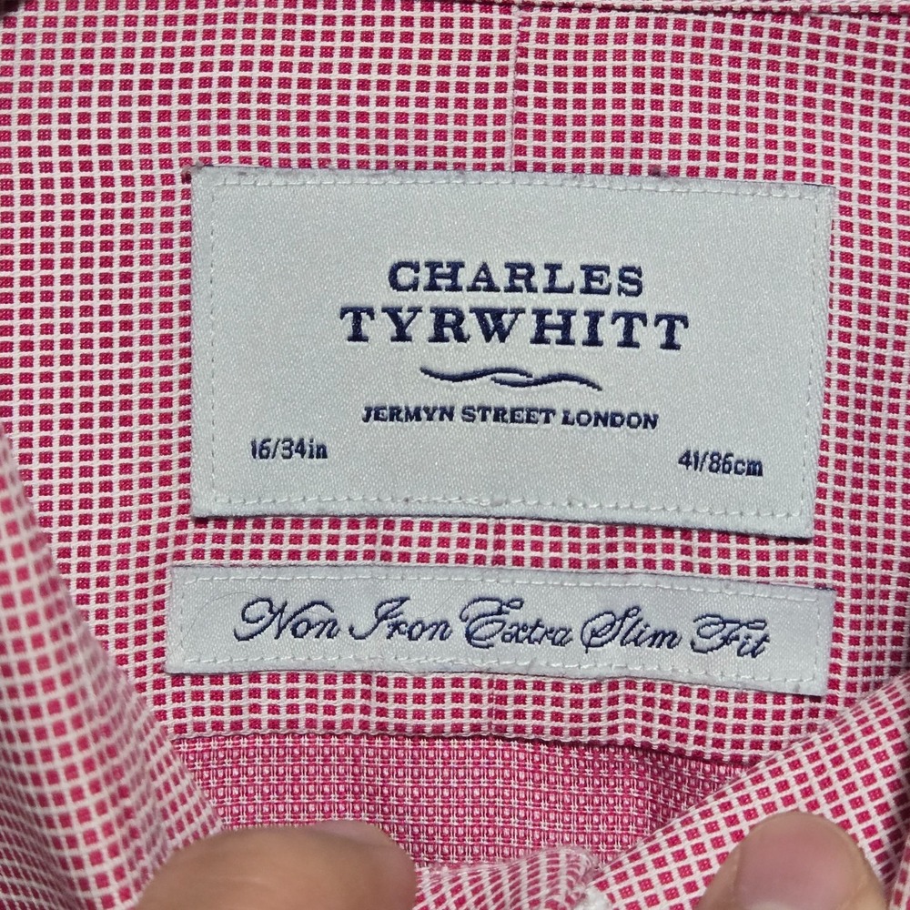 Charles Tyrwhitt Dress Shirt Red White Check Non Iron Extra Slim 16 / 34 French - Picture 5 of 11